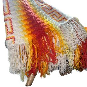 Vintage Hand Knit Hand Crafted soft Warm Fringe Crochet Blanket Throw